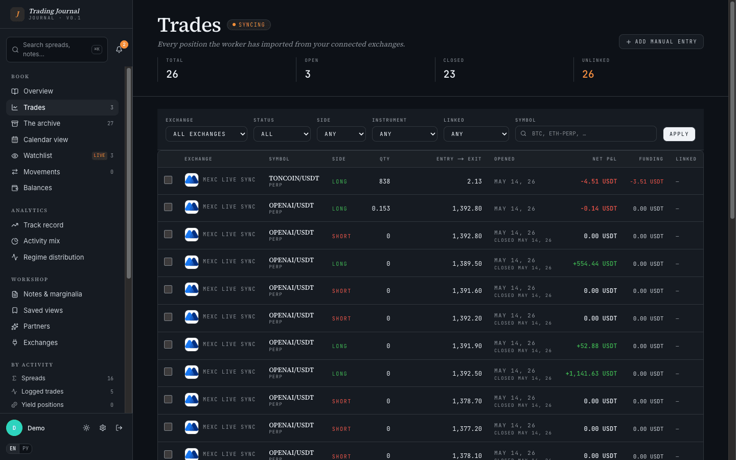Cross-exchange Trades feed showing MEXC and Binance fills for OPENAI/USDT, BTC-PERP, and ETH-PERP, with multi-select checkboxes and a 'Link as spread' action visible.